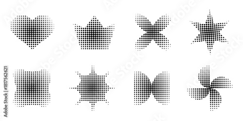 Set of black modern shapes with halftone or grainy texture isolated on white background. Dotted abstract heart and crown, flower and star, pinwheel and brutalist forms. Vector graphic illustrations.