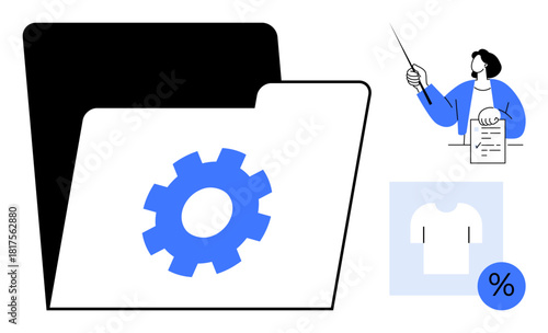 Large folder with gear icon, person discussing document with pointer, shirt with percentage icon. Ideal for data management, task planning, e-commerce, logistics, automation, analytics simple flat