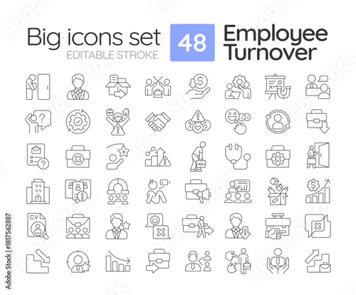 Employee turnover line icons set. Job quieting causes. HR management strategy. Company recruitment analysis. Isolated vector outline illustrations. Thin lineart iconset symbols. Editable stroke