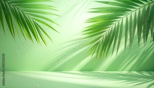 Soft, blurred shadows of palm leaves are cast across a solid light green background,
