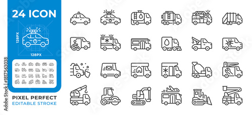 Service vehicles pixel perfect line icons set. Emergency transport, public transit. Construction machinery. Isolated vector outline illustrations. Thin lineart iconset symbols. Editable stroke