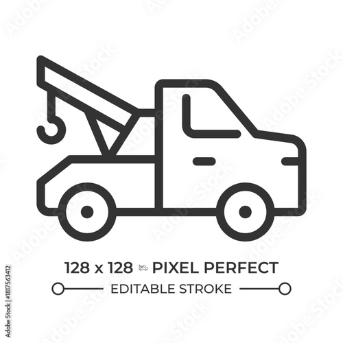 Wrecker pixel perfect line icon. Tow truck, recovery vehicle. Roadside assistance, towing company. Breakdown lorry. Isolated vector illustration. Outline symbol. Simple linear drawing. Editable stroke