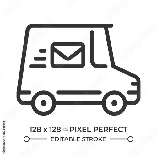 Mail carrier van pixel perfect line icon. Delivery truck, package transportation. Postal service, shipping vehicle. Isolated vector illustration. Outline symbol. Simple linear drawing. Editable stroke