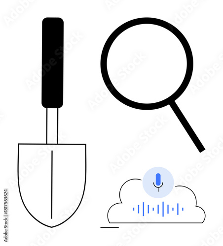 Trowel and magnifying glass alongside a cloud with voice recognition graphic. Ideal for technology, exploration, search, gardening, voice command, discovery, AI themes. Simple flat metaphor