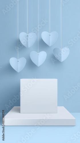 Vibrant photo of minimalist blue background with hanging paper hearts above podium