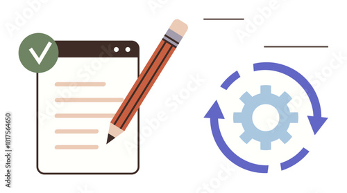 Document with pencil for writing, checkmark for approval, and gear with arrows for process automation. Ideal for productivity, workflow, project management, efficiency, systems, organization simple