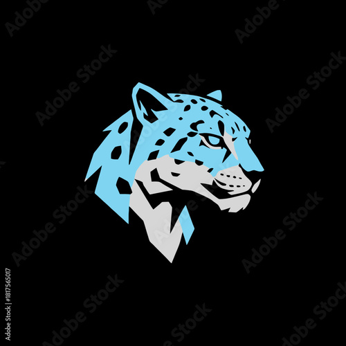 Stylized graphic illustration of a jaguar head in light blue and white on a black background.