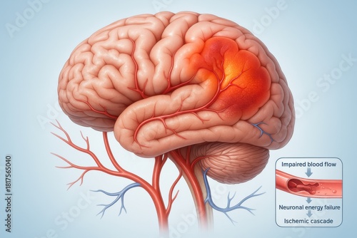 3D Medical Illustration of Brain Ischemic Stroke With Vascular Occlusion. Highly detailed 3D medical illustration showing an ischemic stroke in the middle cerebral artery territory, with glowing red

