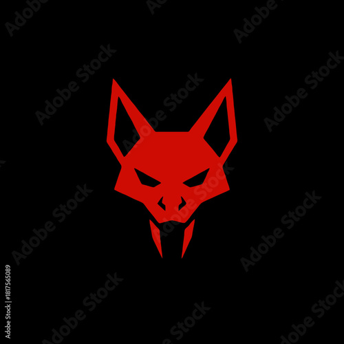A striking red geometric fox or wolf head with sharp fangs and glowing eyes, set against a stark black background, conveying a fierce and predatory essence.