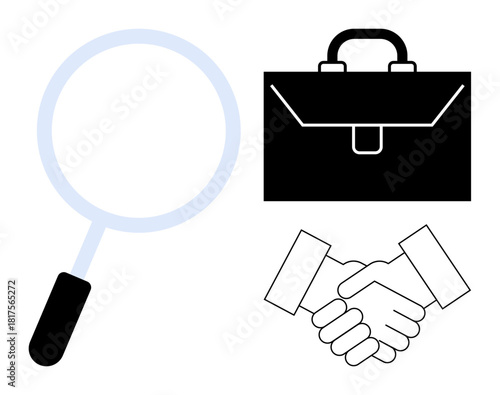Magnifying glass, closed briefcase, and handshake iconizing business research, trust, partnership, and dealmaking. Ideal for concepts in cooperation, marketing, recruitment ethics and negotiation