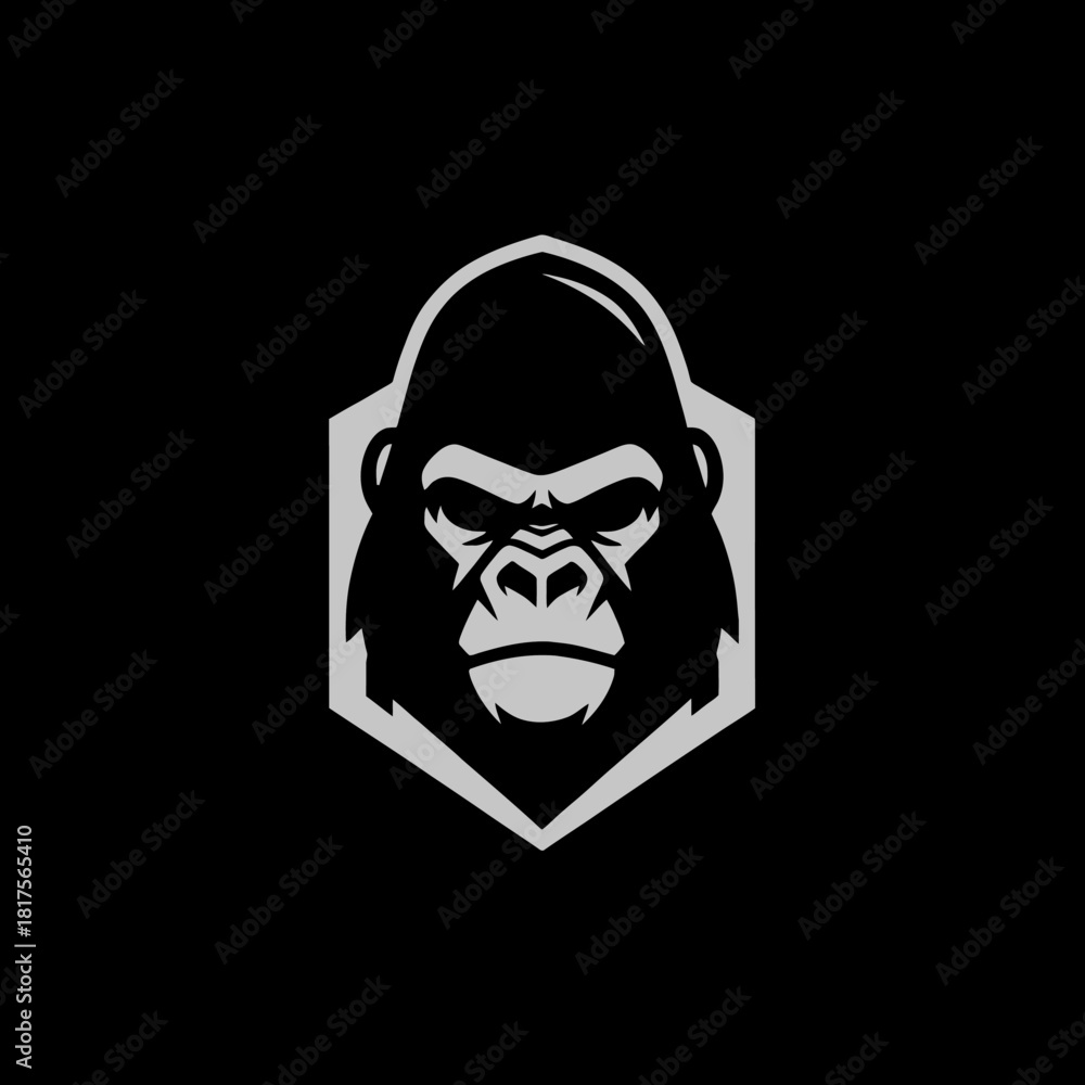 Fototapeta premium A stylized gorilla head in a hexagonal frame, presented in grayscale on a black background.