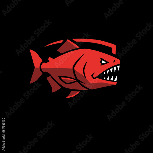 A fierce red anglerfish illustration with sharp teeth and a menacing expression, set against a black background.
