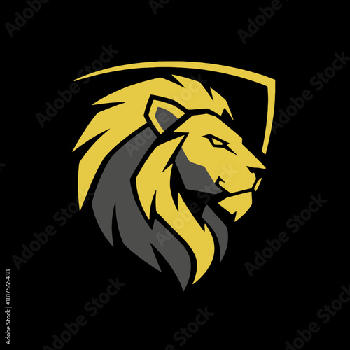 A striking logo featuring a golden lion's head with a shield, set against a black background.