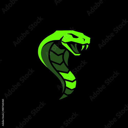 A stylized green cobra snake with fangs on a black background, depicted in a modern, aggressive, and minimalist design.