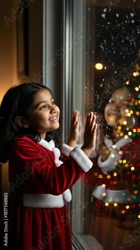 Happy young Indian girl in a red Santa dress looking out a window at the snowy night, with a festive Christmas tree reflected beside her.