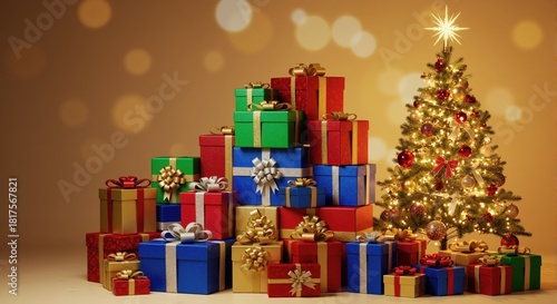 Festive holiday scene with a decorated Christmas tree and a pile of gifts. New Year celebration background with colorful presents