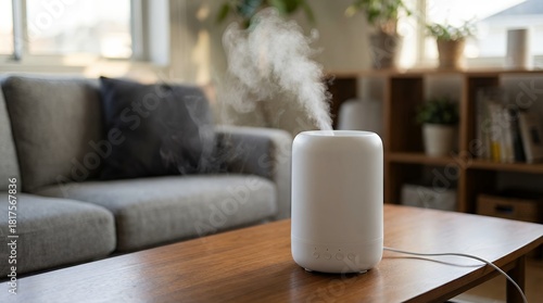 A white ultrasonic humidifier releases a visible mist on a wooden coffee table in a living room setting with a sofa and shelves steam vapor air essential oil diffuser tabletop home