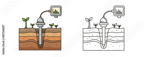 Cartoon style illustration of a smart agriculture soil sensor measuring data in different ground layers with young plants in color and black and white outline