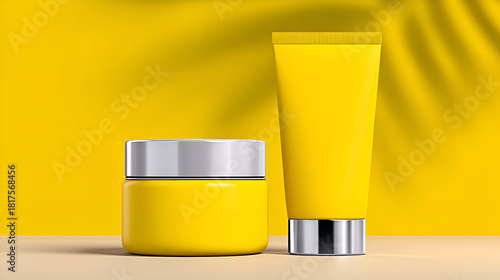 Yellow cosmetic jar and tube with silver and white accents, standing against a vibrant yellow background.
