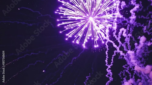 Dazzling array of purple fireworks burst in the night sky, illuminating the darkness with their vibrant colors and wisps of smoke, making them the perfect addition to any festive occasion
