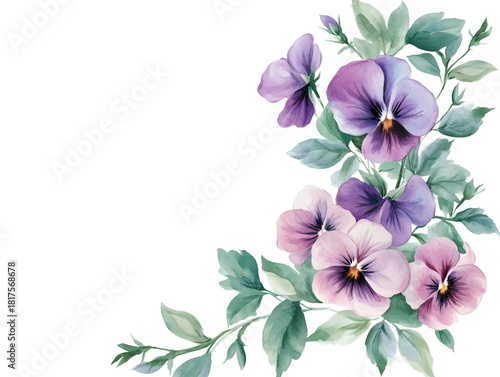 Watercolor illustration showcases purple and pink flowering blossoms with soft green foliage in the corner of a white background.