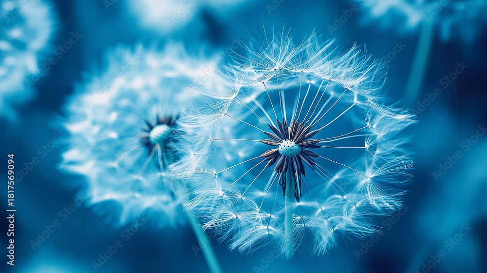 Naklejka premium Close-up of delicate white dandelion seeds in soft focus with cyanotype blue tones creating dreamy spring aesthetic, natural texture, and ethereal botanical visual perfect for creative or nature image