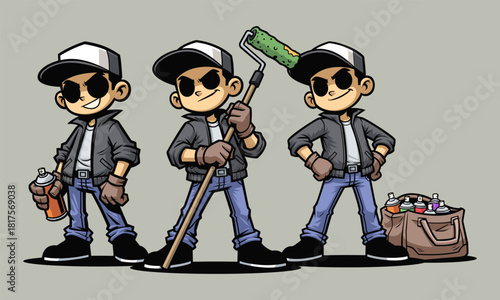 Cartoon Graffiti Artists with Spray Cans and Paint Roller