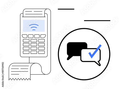 POS terminal with receipt, wireless signal, and a circle with chat bubbles and checkmark. Ideal for fintech, payment security, transaction confirmation, customer service, digital communication
