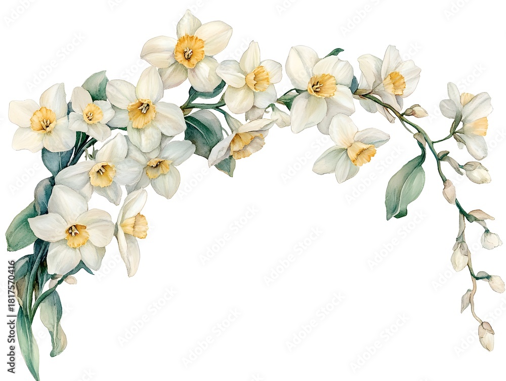 Obraz premium Watercolor painting depicts an elegant arching garland composed of white and yellow blossoms with accompanying green foliage