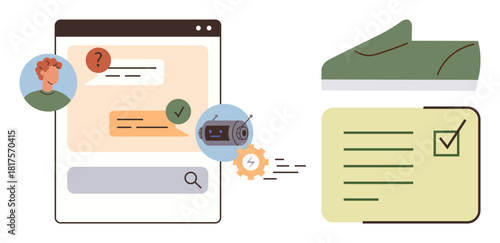 Chat box with user queries and responses, icons of automation settings, completed checklist, and a shoe. Ideal for customer service, e-commerce, product personalization, automation, retail solutions