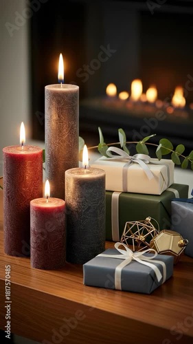 Cozy holiday scene with glowing pillar candles and elegantly wrapped gift boxes on a wooden surface, set against a warm, blurred fireplace.