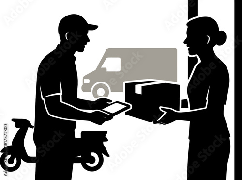 Delivery service worker handing package to customer with scooter and van in the background scene