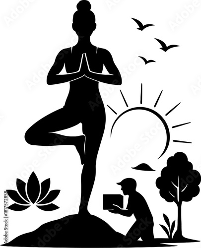 Silhouette of woman in tree pose with sun birds lotus tree and delivery person in peaceful nature scenes