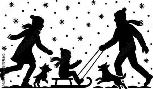 Silhouette of family enjoying winter fun with sledding and dogs in a snowy outdoor scene design