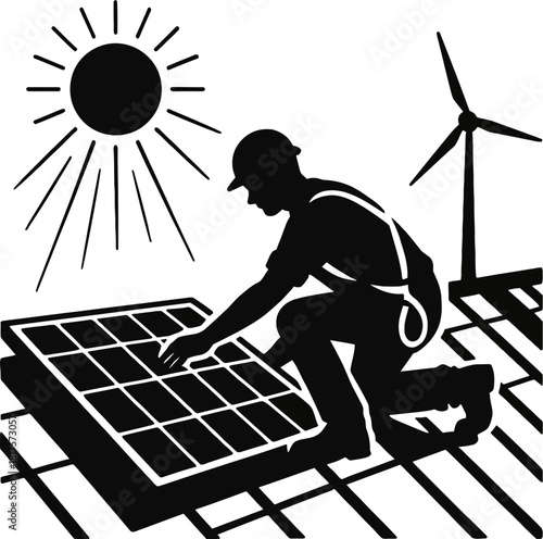 Technician installing solar panels on roof with wind turbine and sun promoting green energy solutions