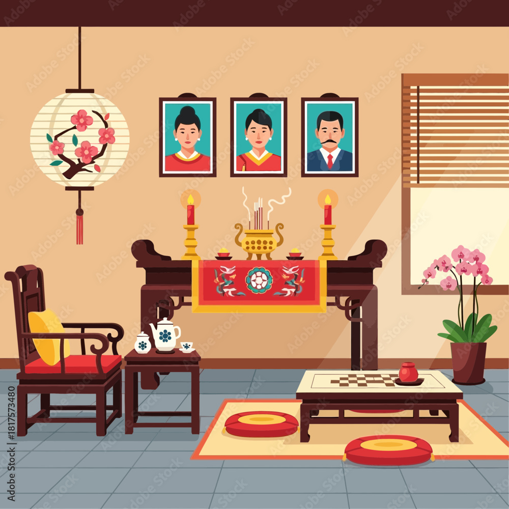 Fototapeta premium A Tranquil Vietnamese Home Interior with Ancestral Shrine and Cultural Accents