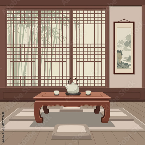 A serene Japanese inspired tea room featuring bamboo and traditional art