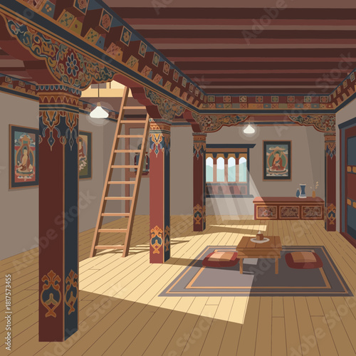 A serene interior design illustration of a traditional Bhutanese architecture style