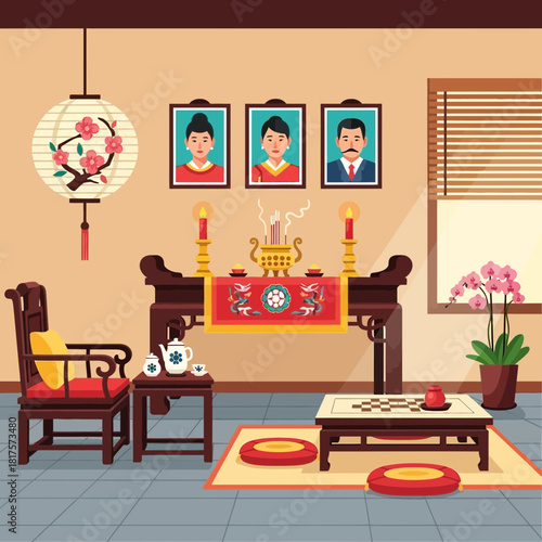 A Tranquil Vietnamese Home Interior with Ancestral Shrine and Cultural Accents