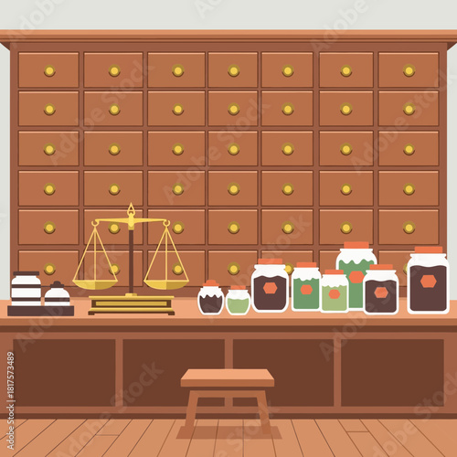 Apothecary Cabinet with Vintage Jars and Golden Scale Illustration