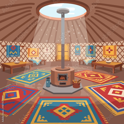 Interior of a Central Asian yurt with carpets, stove and geometric decor