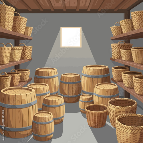 Illustration of a storage room filled with wooden barrels and woven baskets