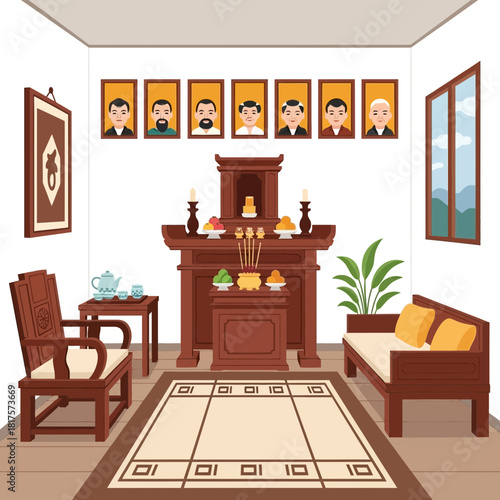 Intricate Vietnamese ancestral altar room illustration with familial portraits