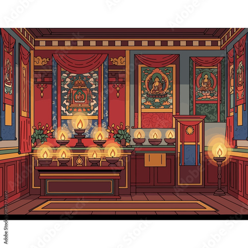 Intricate cartoon illustration of a Tibetan Buddhist temple interior