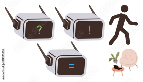 Three robot heads with symbols show varied reactions. A walking person and a chair with a plant suggest activity and contemplation. Ideal for technology, AI, communication, human interaction
