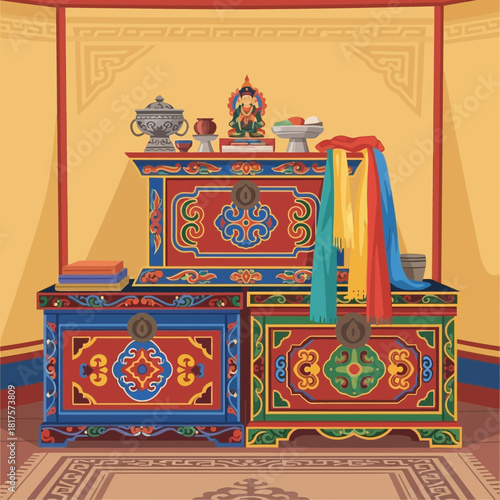 Ornate Tibetan Altar in a Traditional Styled Room with Offerings and Scarf