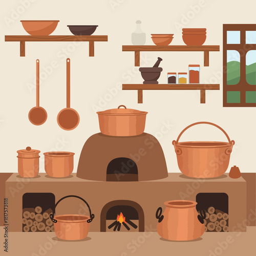 Rustic kitchen interior illustration with traditional oven and earthenware pots