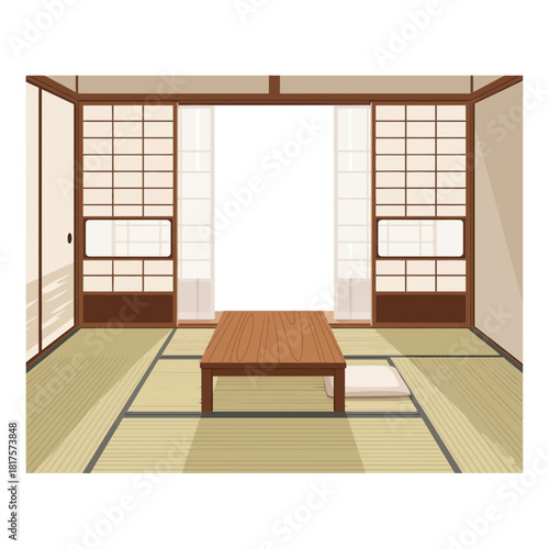 Minimalist design of a traditional japanese room with tatami mats and shoji screens