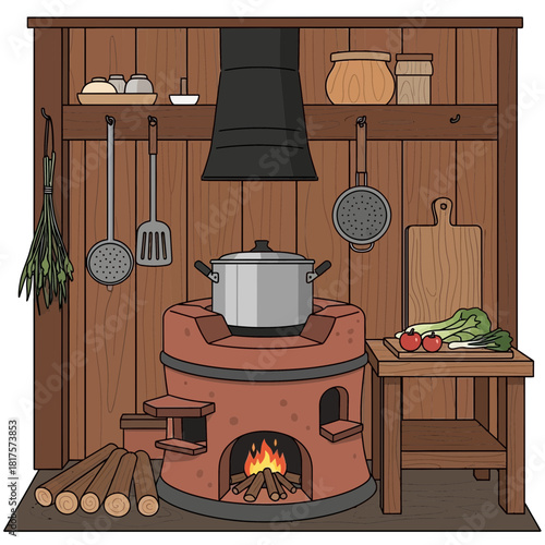 Rustic kitchen interior design with traditional stove and wooden elements