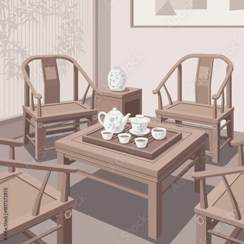 Peaceful tea ceremony setting with traditional furniture and bamboo shades